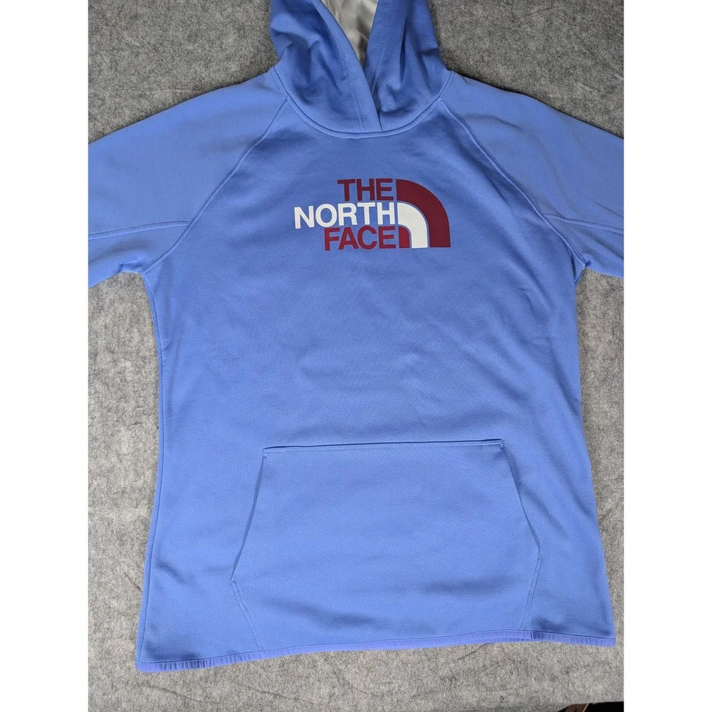 The North Face Womens Light Blue Logo Pullover Hoodie Thumbhole Activewear 5551 - Picture 4 of 8
